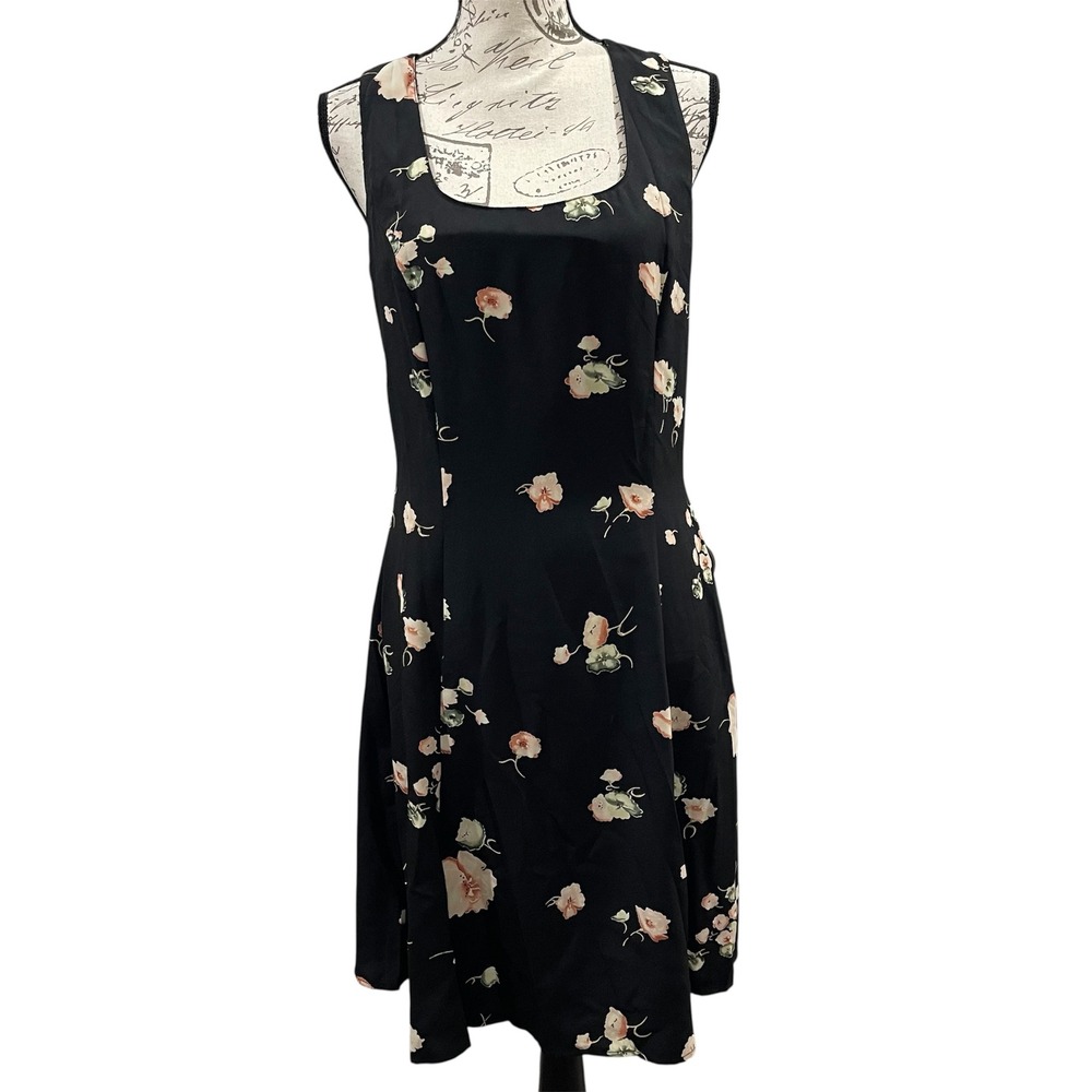 Vintage Newport News Floral Dress Women 12 Black Midi Y2K Dark Romantic 90s